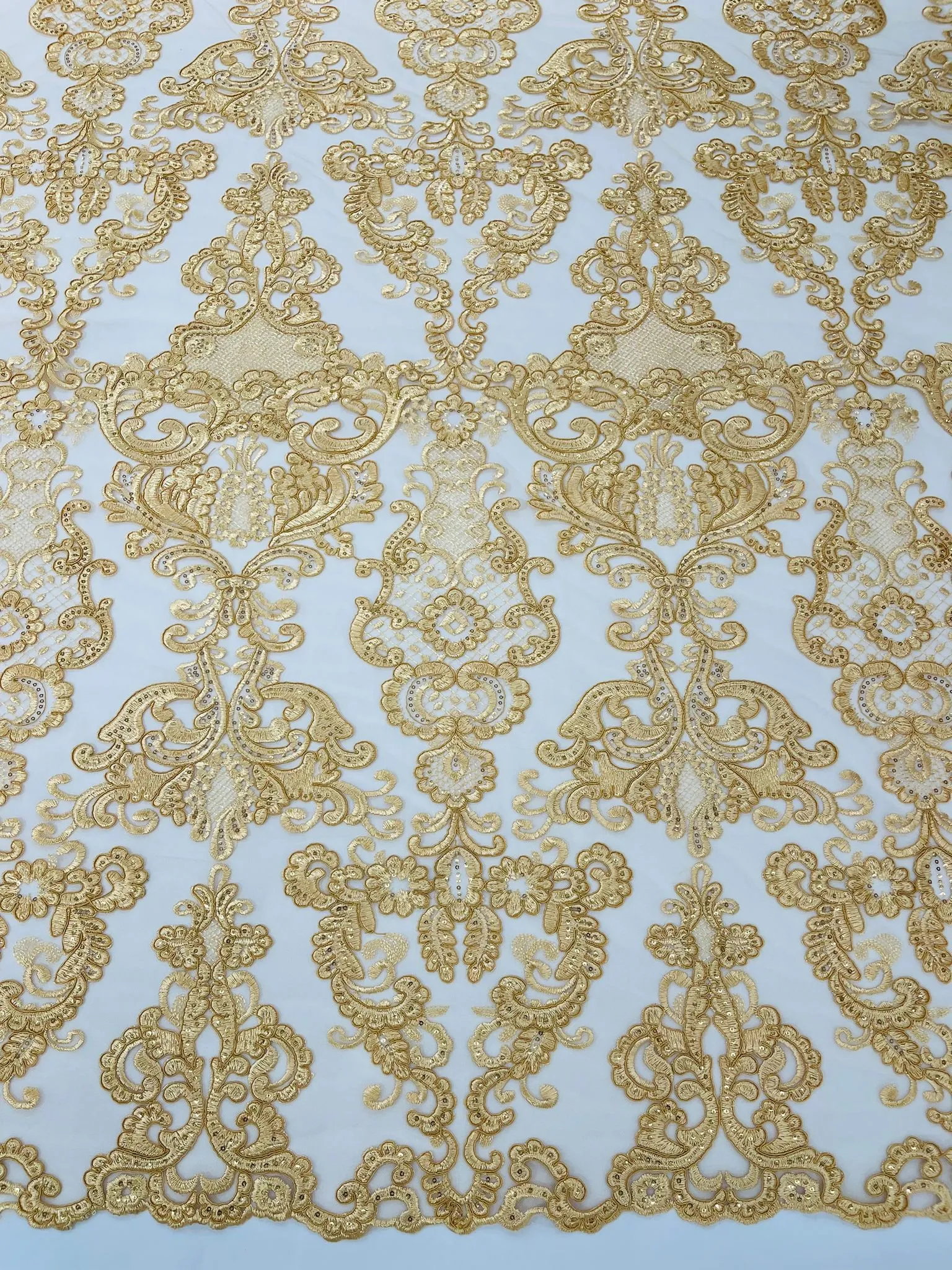 Gold Embroidery Damask Design With Sequins On A Mesh Lace Fabric/Prom/Wedding