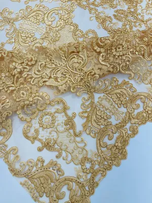 Gold Embroidery Damask Design With Sequins On A Mesh Lace Fabric/Prom/Wedding