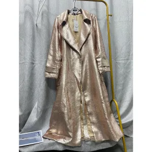Gold Sequins Medium Length Windbreaker Coat Female Long Sleeve Luxury Elegant Runway