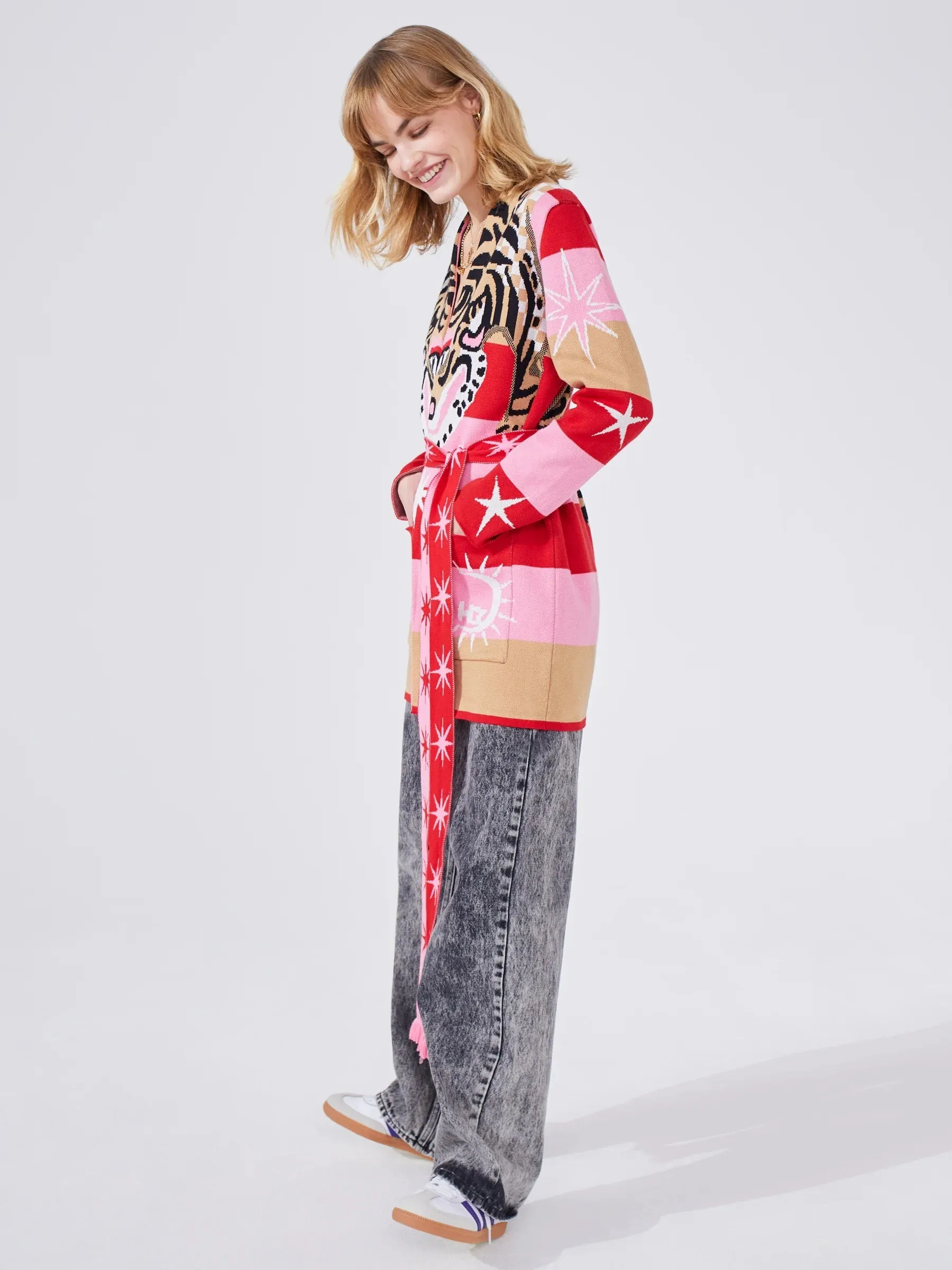 Hayley Menzies Tiger Stripe Pink Cotton Jacquard Short Cardigan