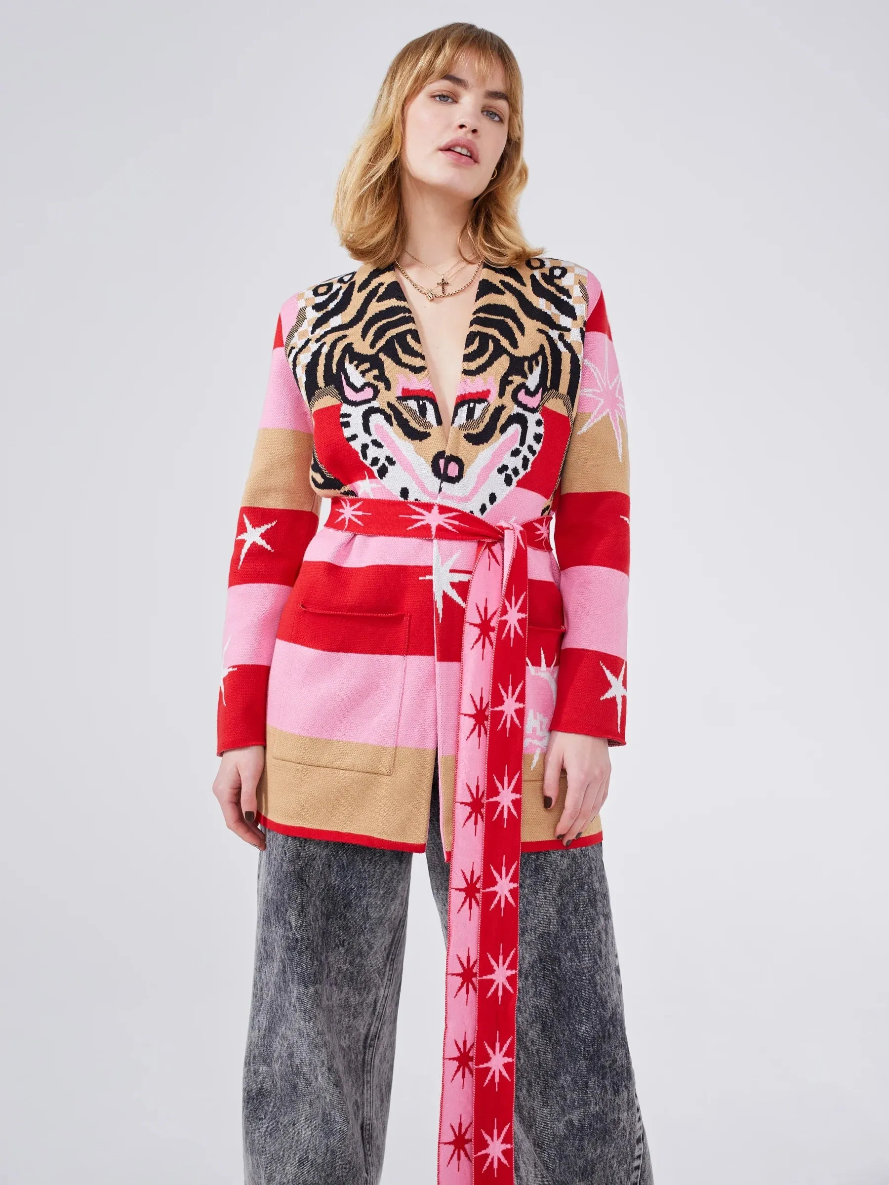Hayley Menzies Tiger Stripe Pink Cotton Jacquard Short Cardigan