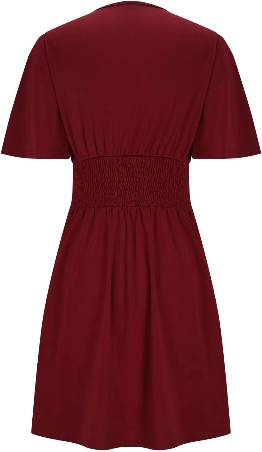 hlysgo Short Sleeve Dress for Women 2025 Summer Wrap V Neck Beach Mini Dress Casual Slim Fit A-Line Flowy Vacation Dresses