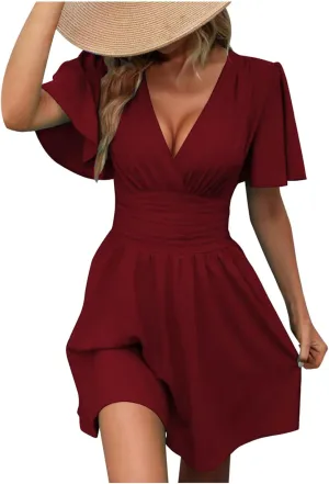 hlysgo Short Sleeve Dress for Women 2025 Summer Wrap V Neck Beach Mini Dress Casual Slim Fit A-Line Flowy Vacation Dresses
