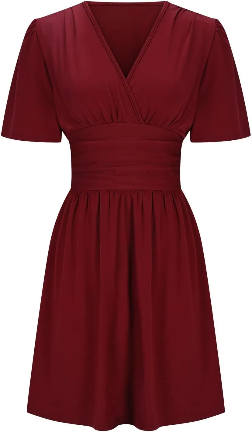 hlysgo Short Sleeve Dress for Women 2025 Summer Wrap V Neck Beach Mini Dress Casual Slim Fit A-Line Flowy Vacation Dresses