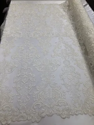 Ivory Lace Fabric, Corded Flower Embroidery With Sequins on a Mesh Lace Fabric By The Yard For Gown, Wedding-Bridal-Dress