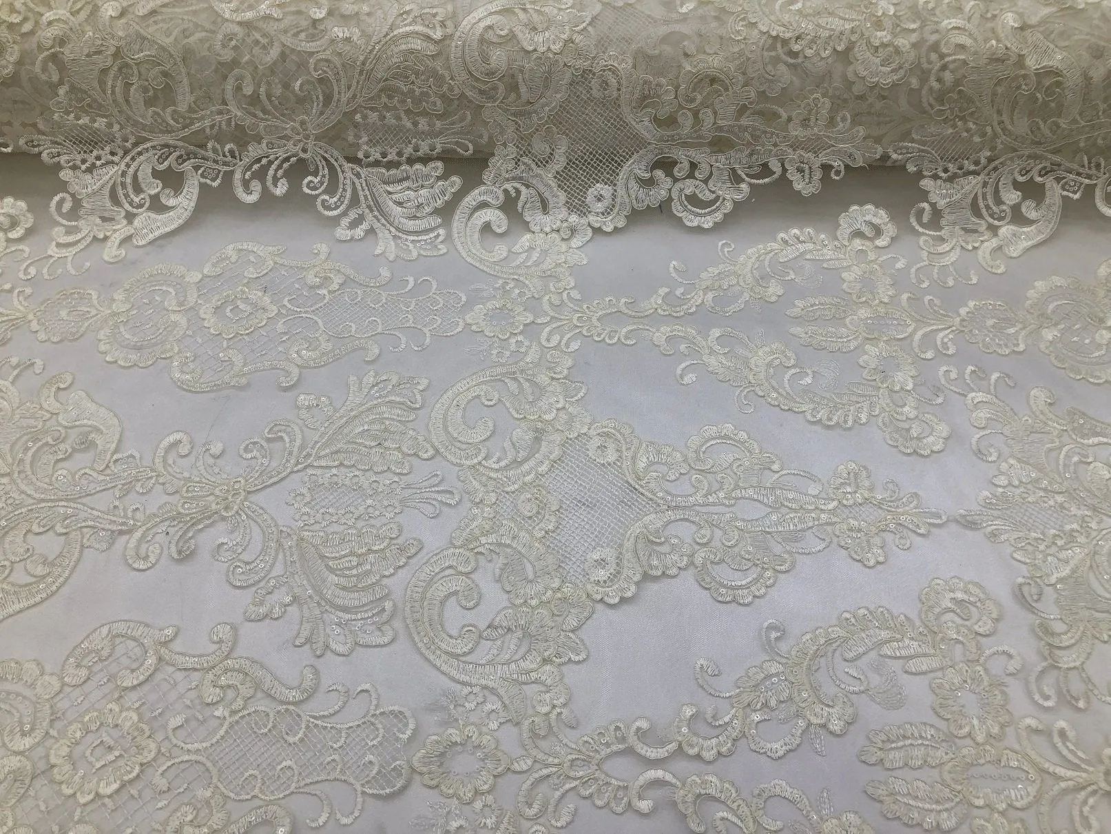 Ivory Lace Fabric, Corded Flower Embroidery With Sequins on a Mesh Lace Fabric By The Yard For Gown, Wedding-Bridal-Dress