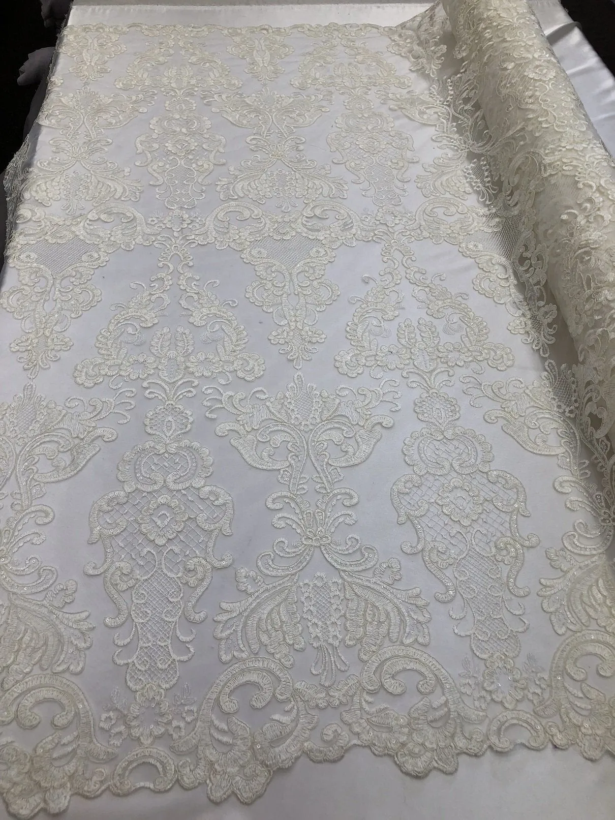 Ivory Lace Fabric, Corded Flower Embroidery With Sequins on a Mesh Lace Fabric By The Yard For Gown, Wedding-Bridal-Dress