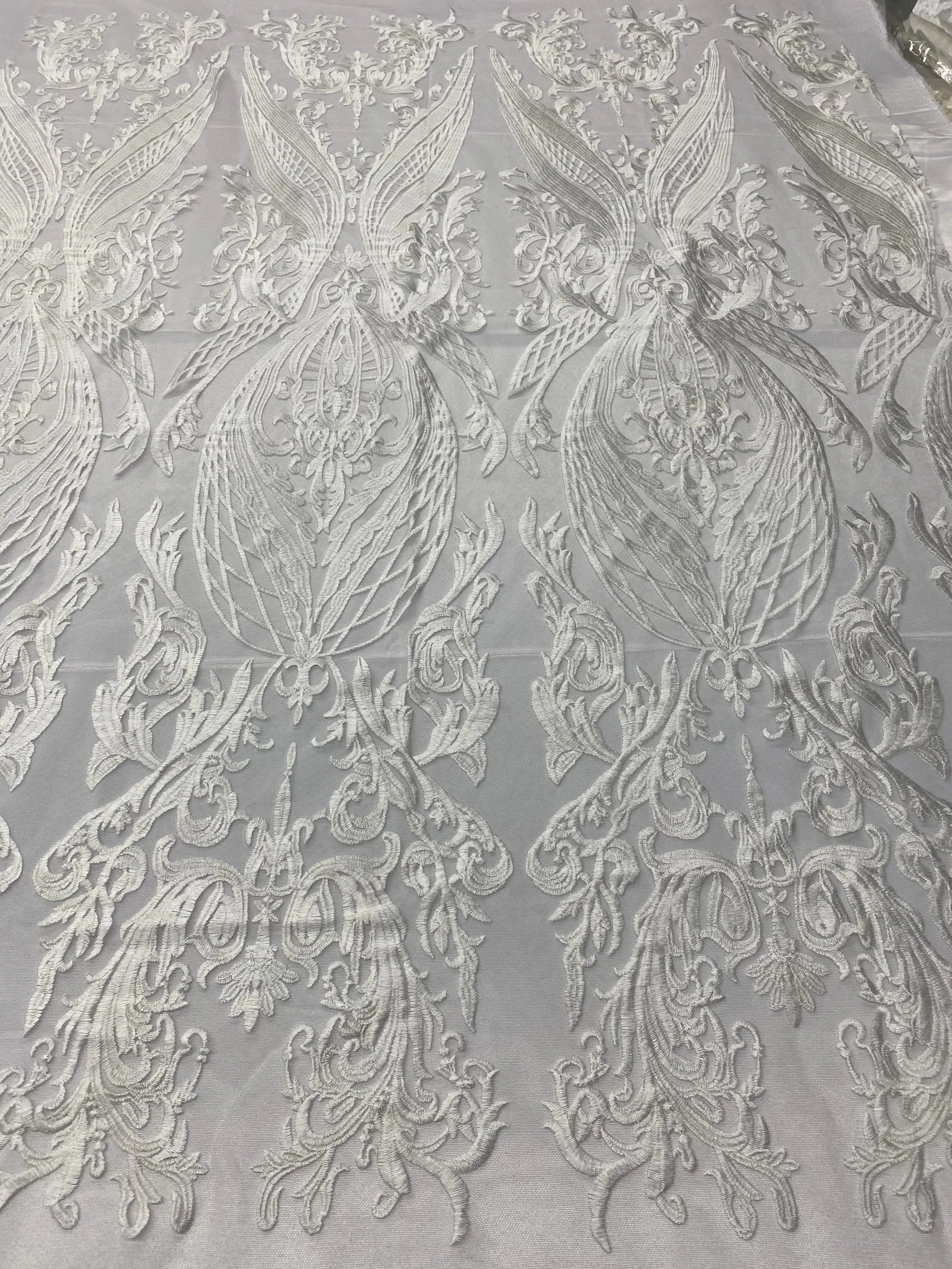 Ivory Lace Fabric, Corded Lace Embroidery on a Mesh Lace Fabric By The Yard For Gown, Wedding-Bridal-Dress (Choose The Size)