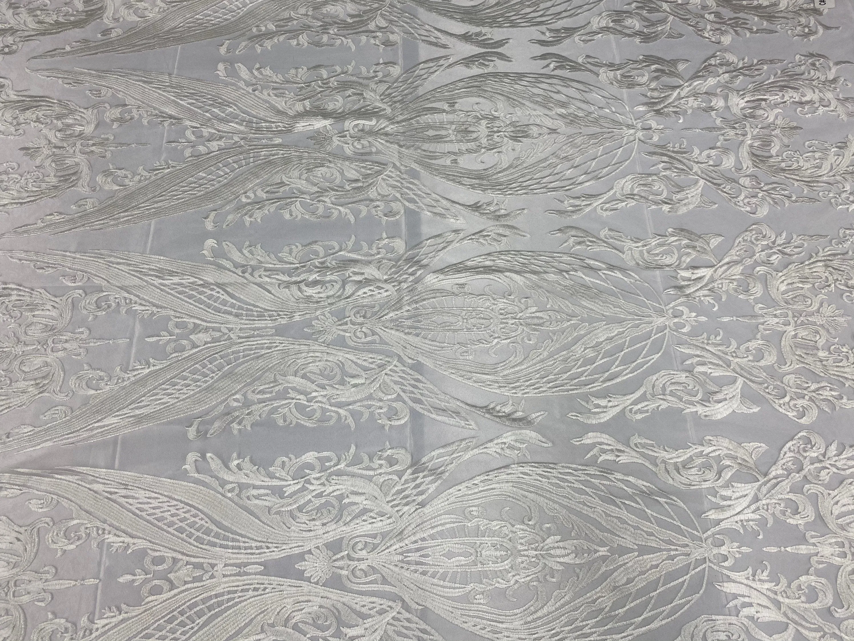 Ivory Lace Fabric, Corded Lace Embroidery on a Mesh Lace Fabric By The Yard For Gown, Wedding-Bridal-Dress (Choose The Size)