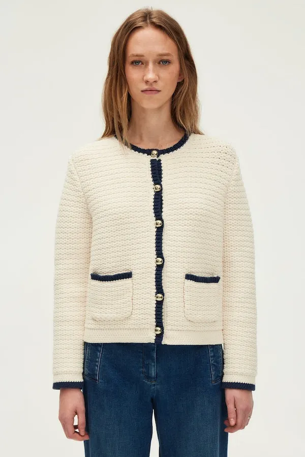 JOVIE ECRU CONTRASTED CHUNKY KNIT CARDIGAN