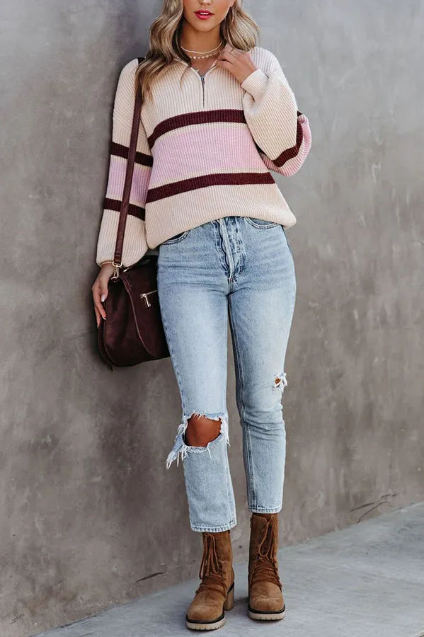 Keep Me Updated Colorblock Zipper Neck Sweater