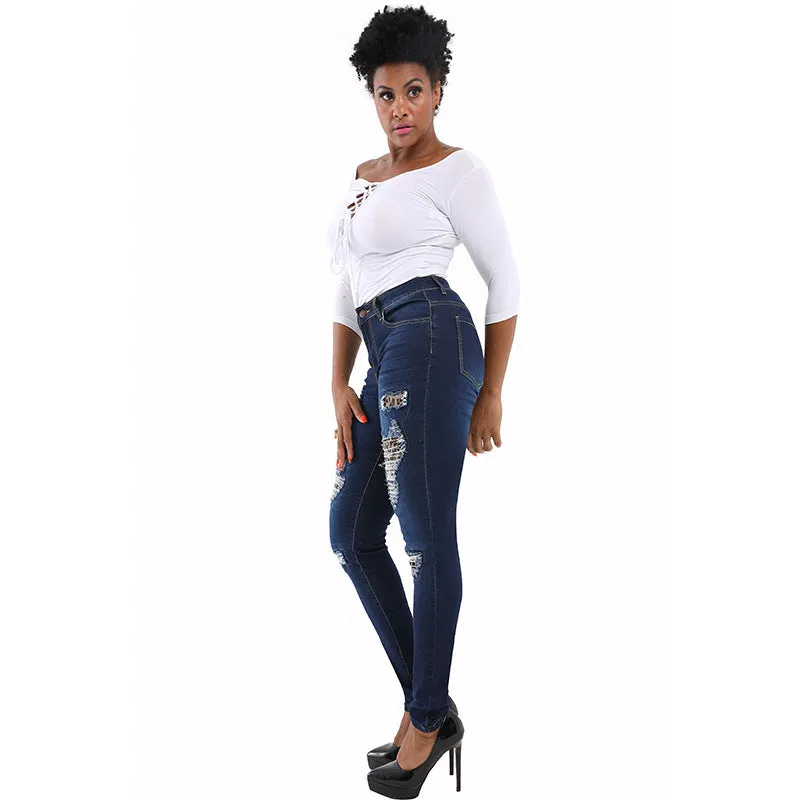Leopard Print Destroyed Jeans Skinny Pencil Pants Elasticity Long Pant