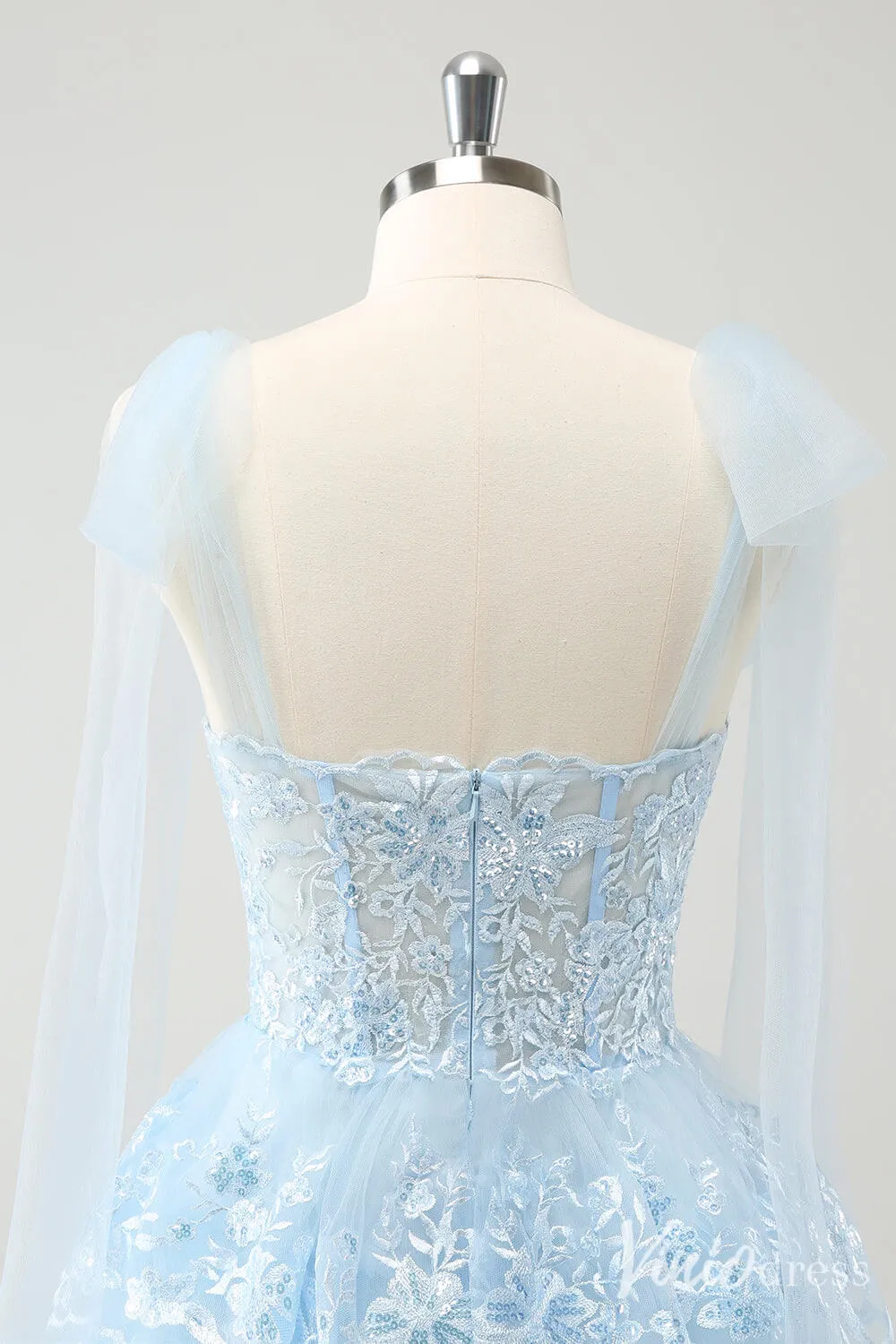 Light Blue Tiered Spaghetti Strap Homecoming Dresses Lace Applique Back to School Dress S24031