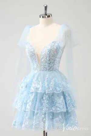 Light Blue Tiered Spaghetti Strap Homecoming Dresses Lace Applique Back to School Dress S24031