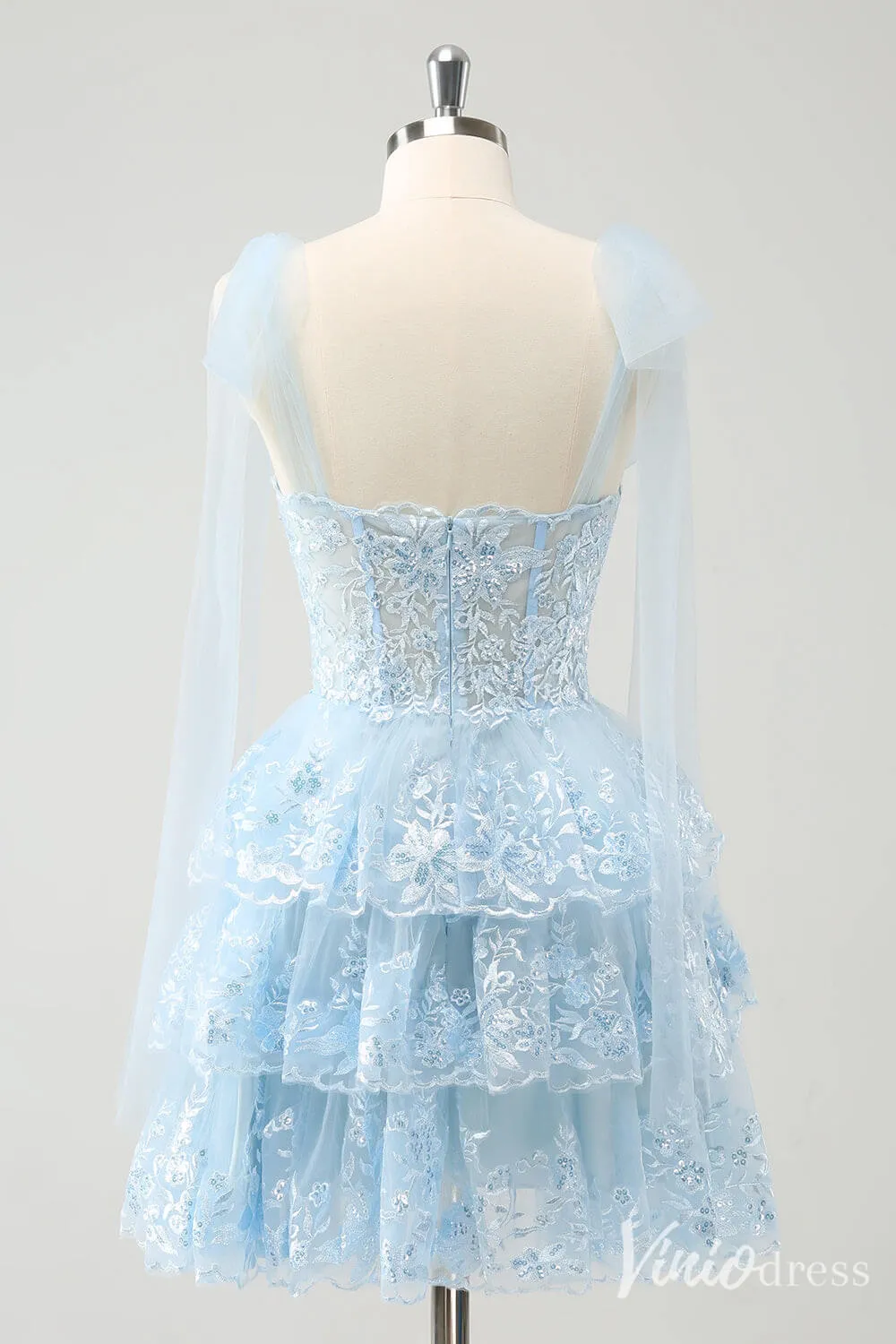 Light Blue Tiered Spaghetti Strap Homecoming Dresses Lace Applique Back to School Dress S24031