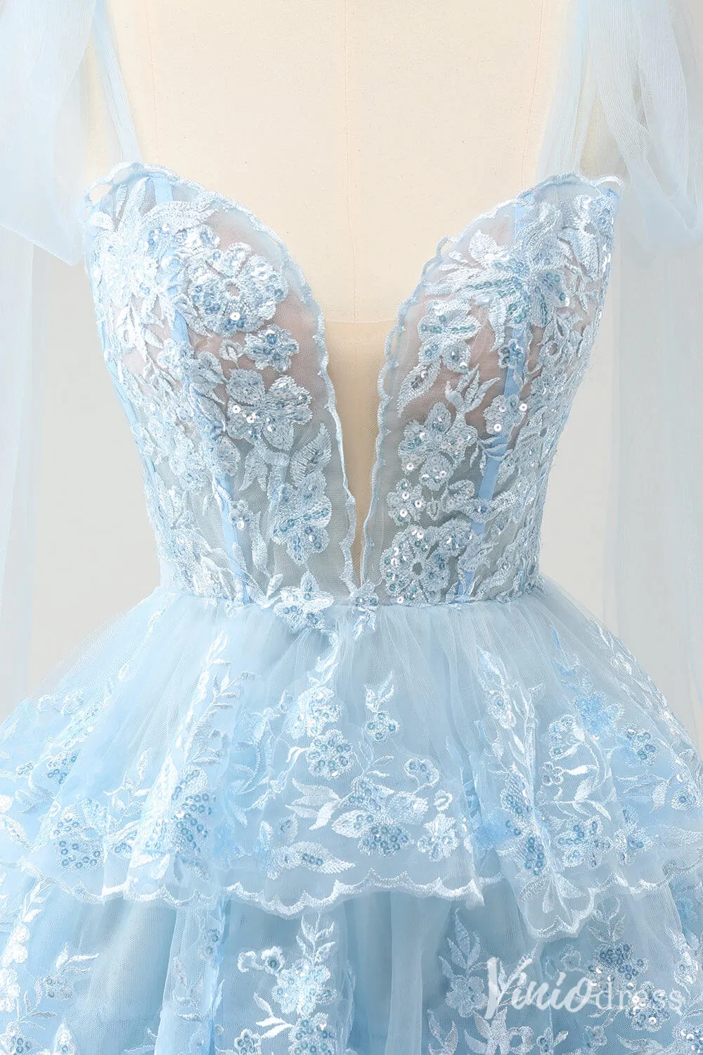 Light Blue Tiered Spaghetti Strap Homecoming Dresses Lace Applique Back to School Dress S24031