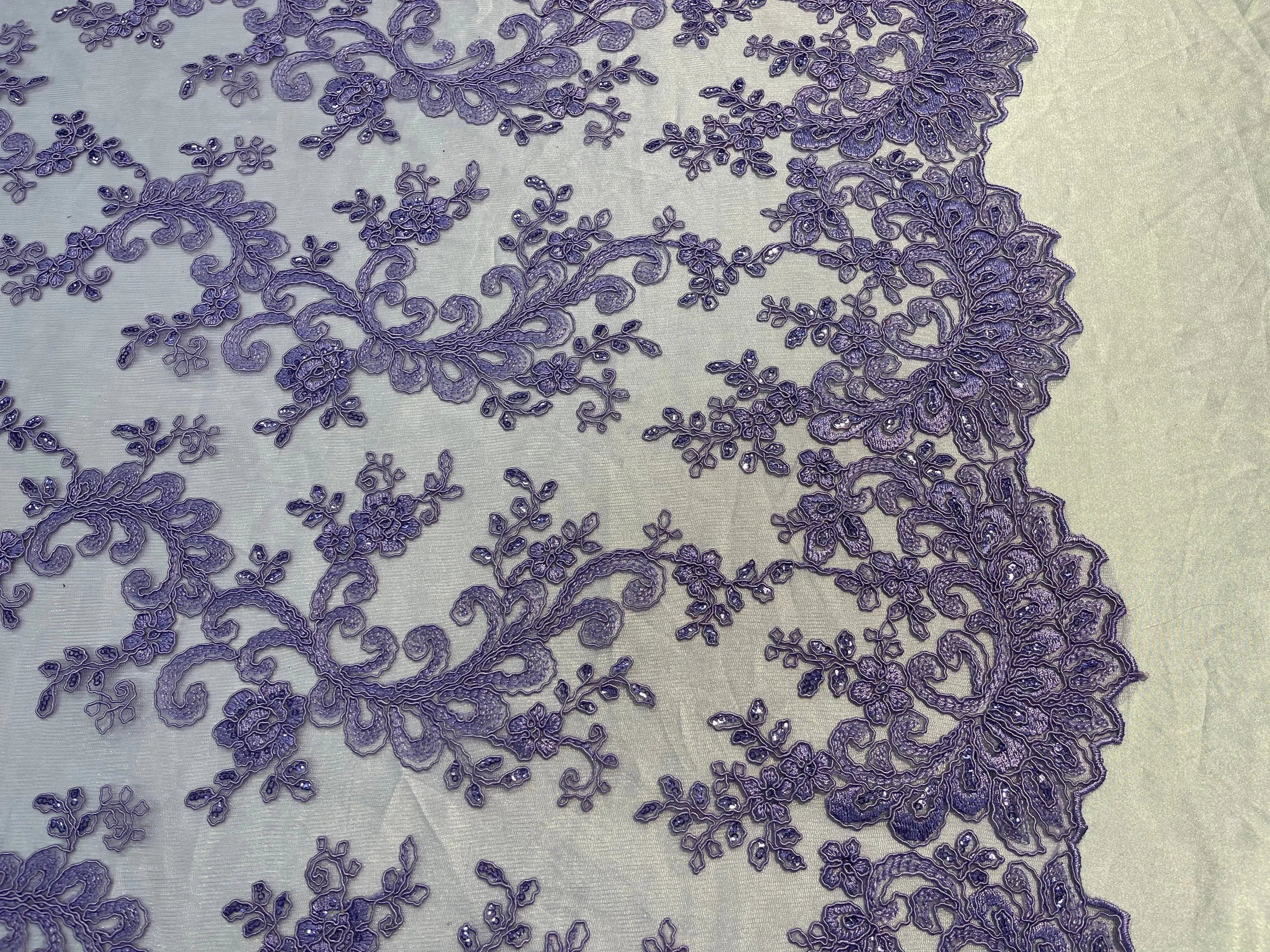 Lilac Floral Lace Fabric, Embroidery With Sequins on a Mesh Lace Fabric By The Yard For Gown, Wedding-Bridal (Choose The Quantity)