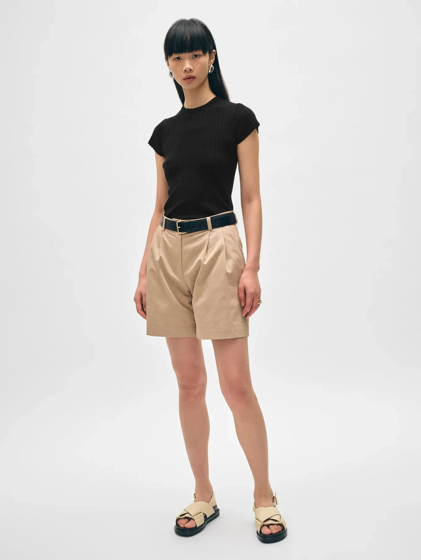 Linen Gauze Ribbed Tee - Black