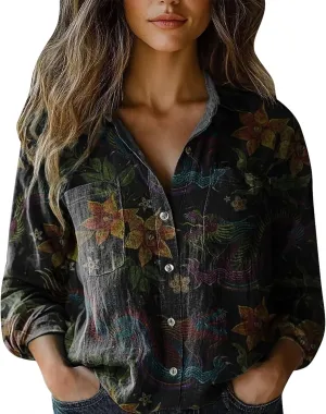Linen Shirts for Women Fashion Down Shirts Casual Tops Long Sleeve Blouse Collared V Neck