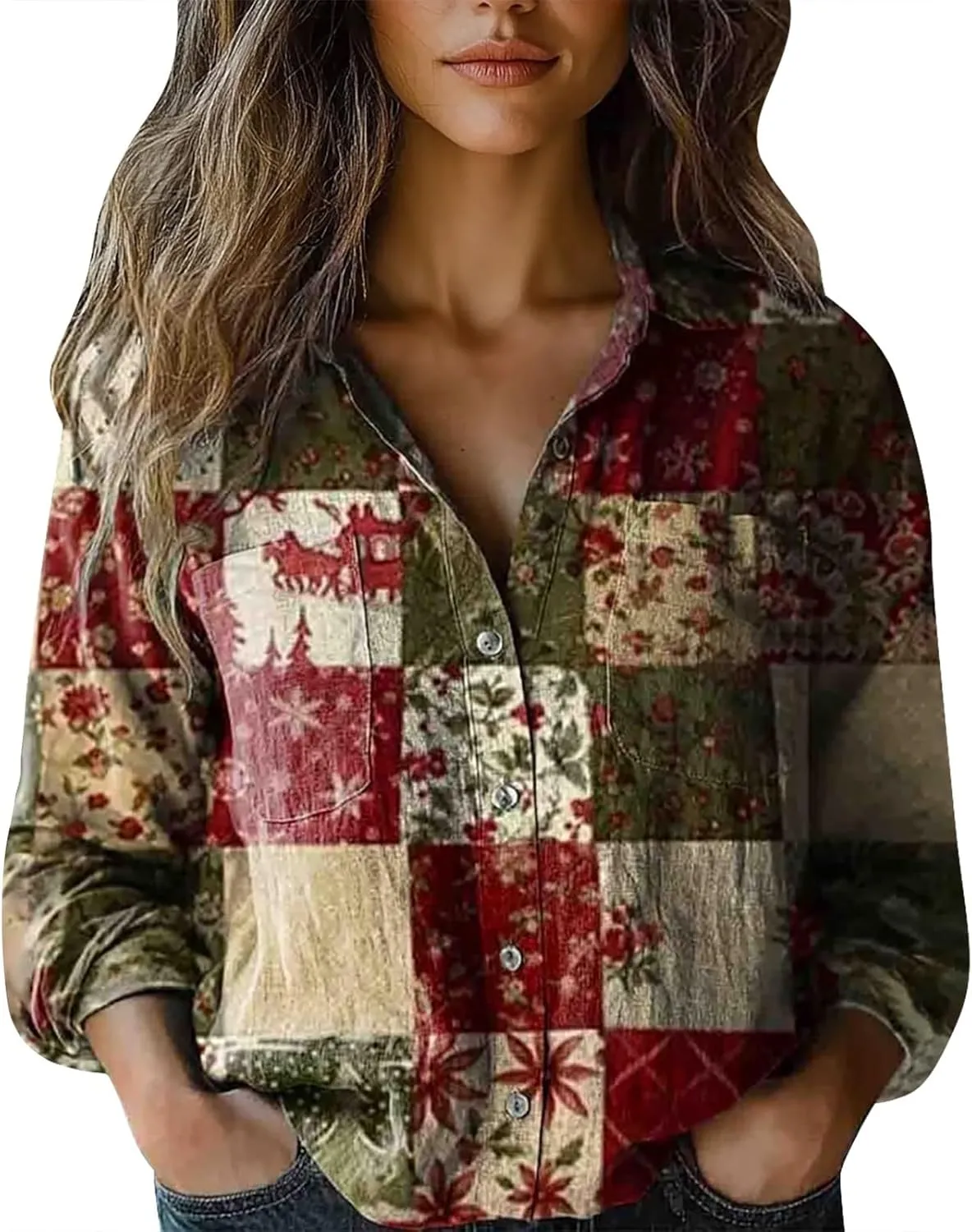 Linen Shirts for Women Fashion Down Shirts Casual Tops Long Sleeve Blouse Collared V Neck