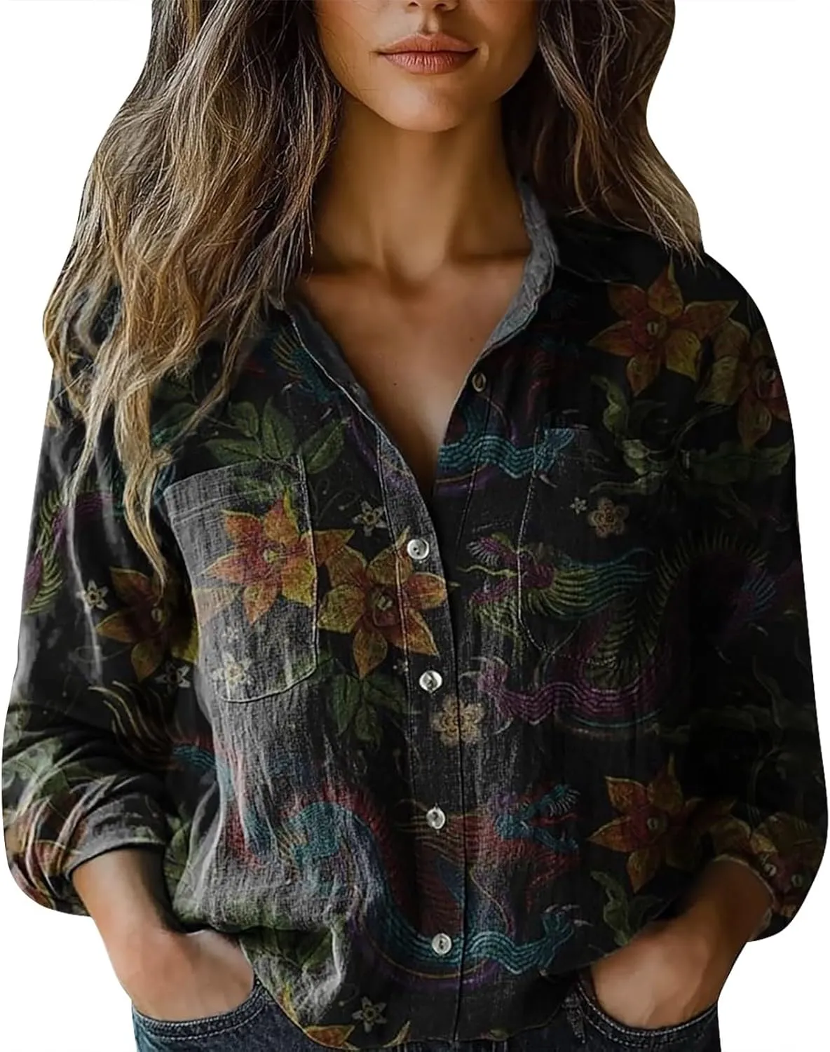Linen Shirts for Women Fashion Down Shirts Casual Tops Long Sleeve Blouse Collared V Neck