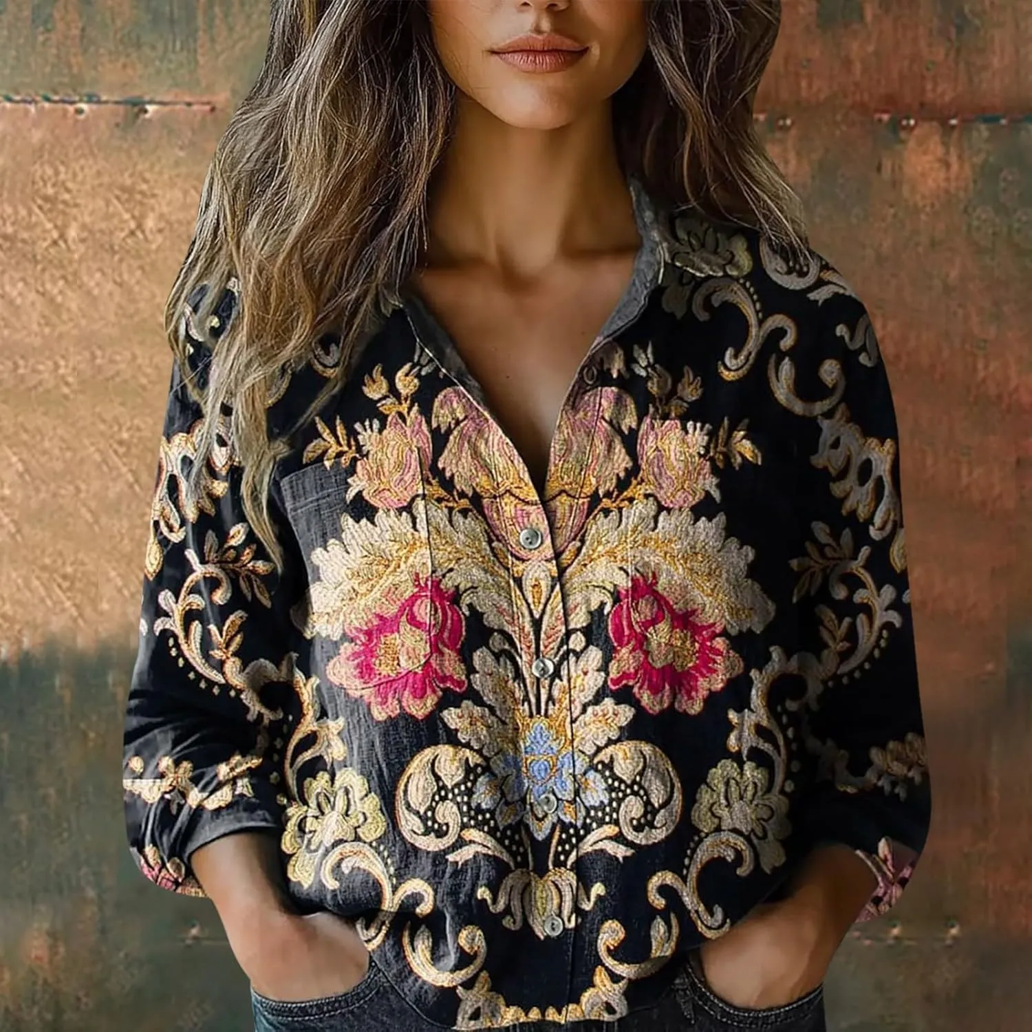 Linen Shirts for Women Fashion Down Shirts Casual Tops Long Sleeve Blouse Collared V Neck