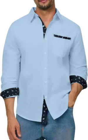 Long Sleeve Cotton Shirts for Men Button Down Mens Casual Untucked Stretch Wrinkle-Free Dress Shirt with Chest Pocket