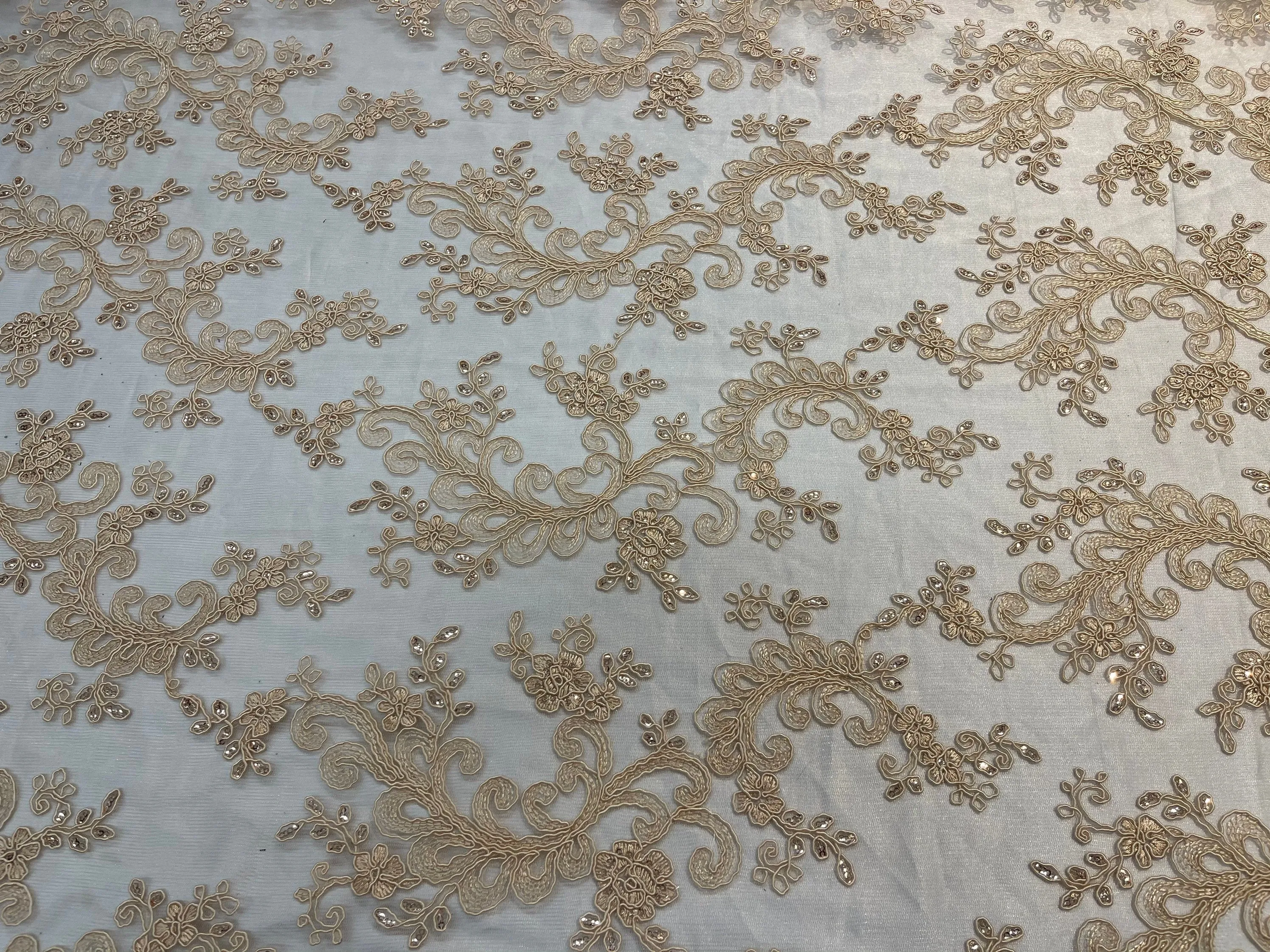 Lt Champagne - Floral Lace Fabric, Embroidery With Sequins on a Mesh Lace Fabric By The Yard For Gown, Wedding-Bridal (Choose The Quantity)