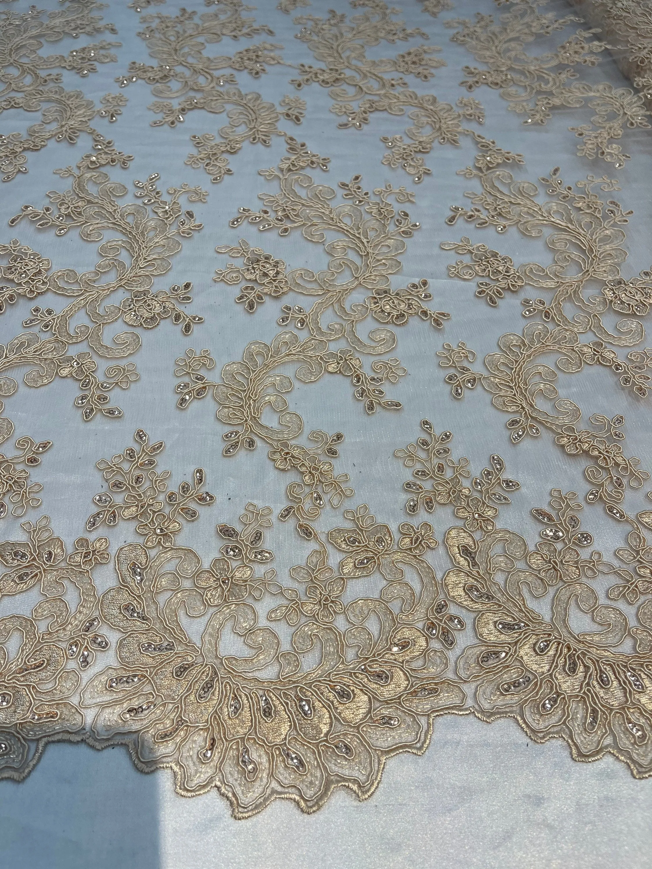 Lt Champagne - Floral Lace Fabric, Embroidery With Sequins on a Mesh Lace Fabric By The Yard For Gown, Wedding-Bridal (Choose The Quantity)