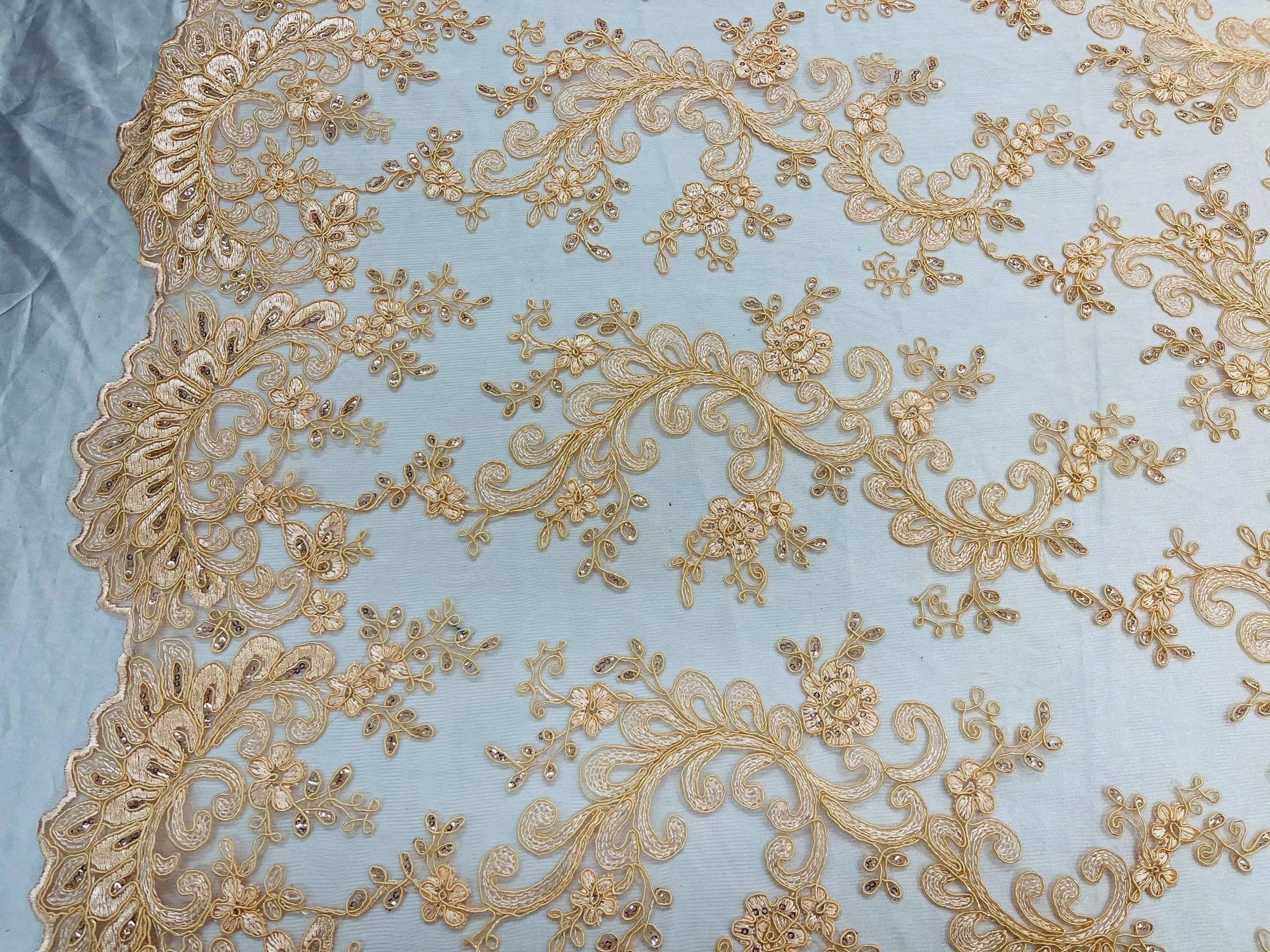 Lt Peach Floral Lace Fabric, Embroidery With Sequins on a Mesh Lace Fabric By The Yard For Gown, Wedding-Bridal (Choose The Quantity)