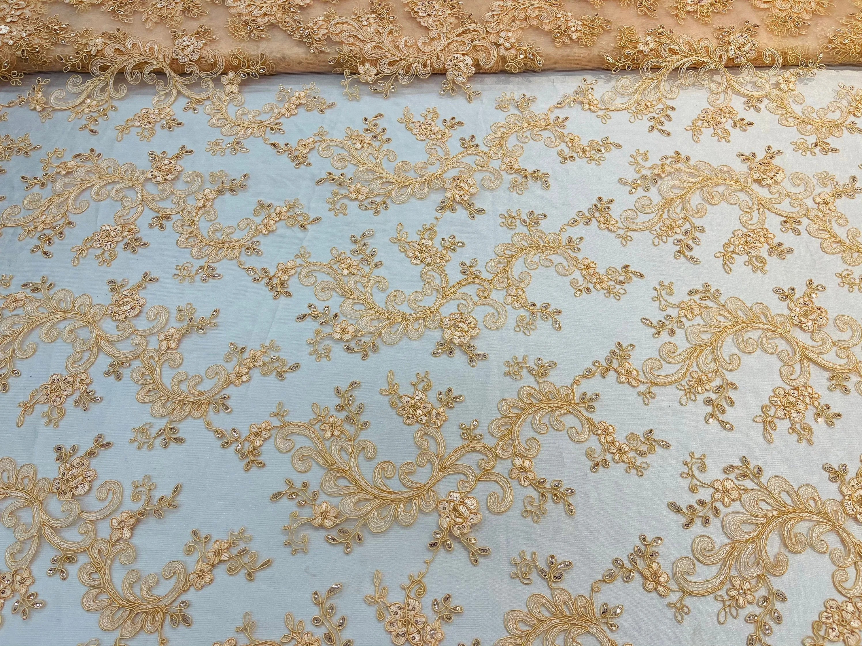 Lt Peach Floral Lace Fabric, Embroidery With Sequins on a Mesh Lace Fabric By The Yard For Gown, Wedding-Bridal (Choose The Quantity)