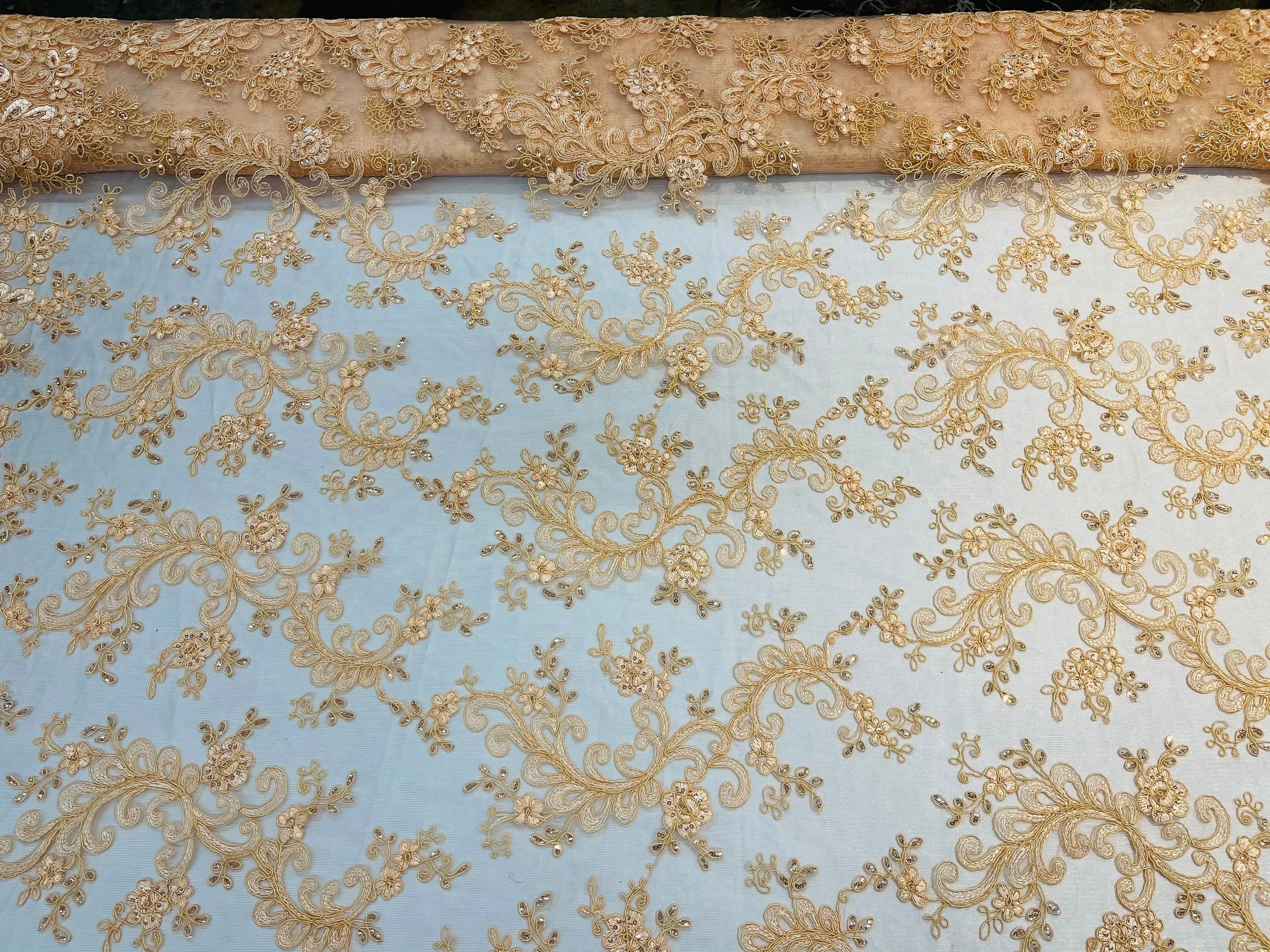 Lt Peach Floral Lace Fabric, Embroidery With Sequins on a Mesh Lace Fabric By The Yard For Gown, Wedding-Bridal (Choose The Quantity)