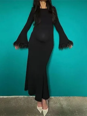 Momnfancy Black Feather Flare Sleeve Baby Shower Party Maternity Maxi Dress
