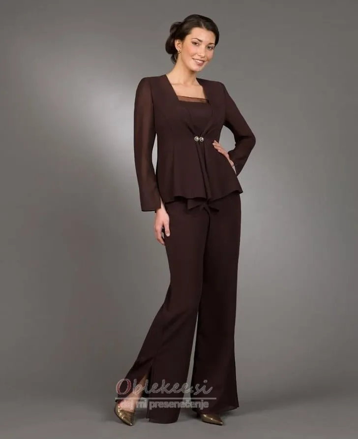 NEW Dark Brown Elegant Mother of The Bride Pant Suits with Long Sleeves Jacket Side Slit Wedding Dresses for Women Lady Formal Evening Gowns, Sz XL, Retails $82