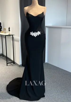 Off-Shoulder V-Neck Sleeveless Satin Formal Gowns Beaded Pleated Mermaid Prom Dress with Sweep Train