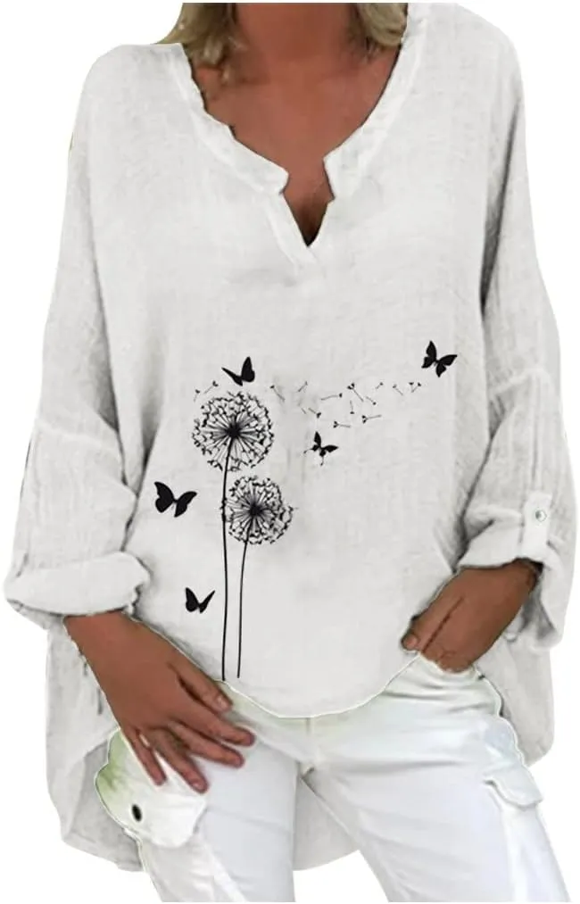 Ollysqiar Zip up Hoodies for Women,Women Long Sleeve T-Shirt Plus Size Casual Floral Print Loose V-Neck Shirt Blouse Top