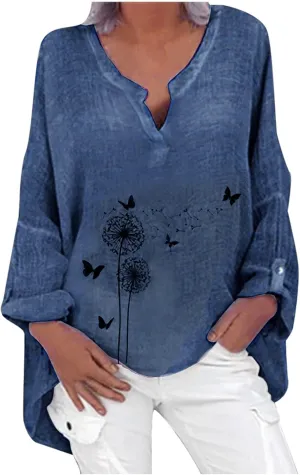 Ollysqiar Zip up Hoodies for Women,Women Long Sleeve T-Shirt Plus Size Casual Floral Print Loose V-Neck Shirt Blouse Top