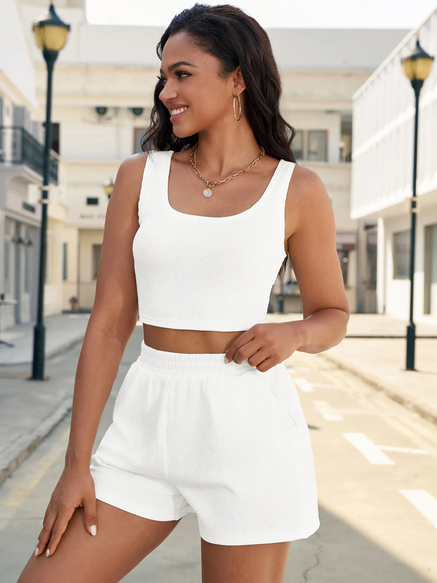 Onfers 2 Piece Women Summer Lounge Set Ribbed Knit Crop Tank Tops Short Sets with Pocket Travel Outfits