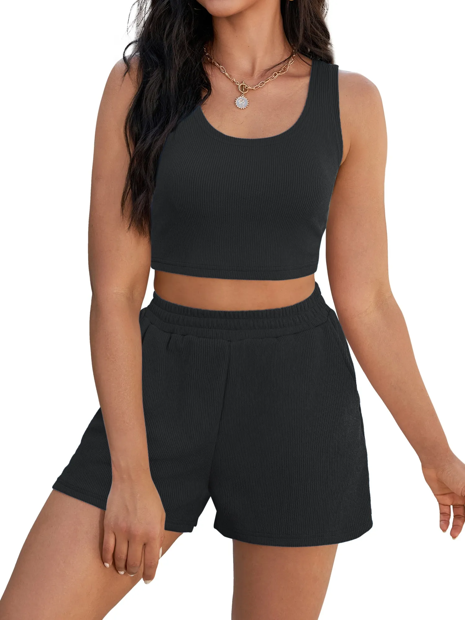 Onfers 2 Piece Women Summer Lounge Set Ribbed Knit Crop Tank Tops Short Sets with Pocket Travel Outfits