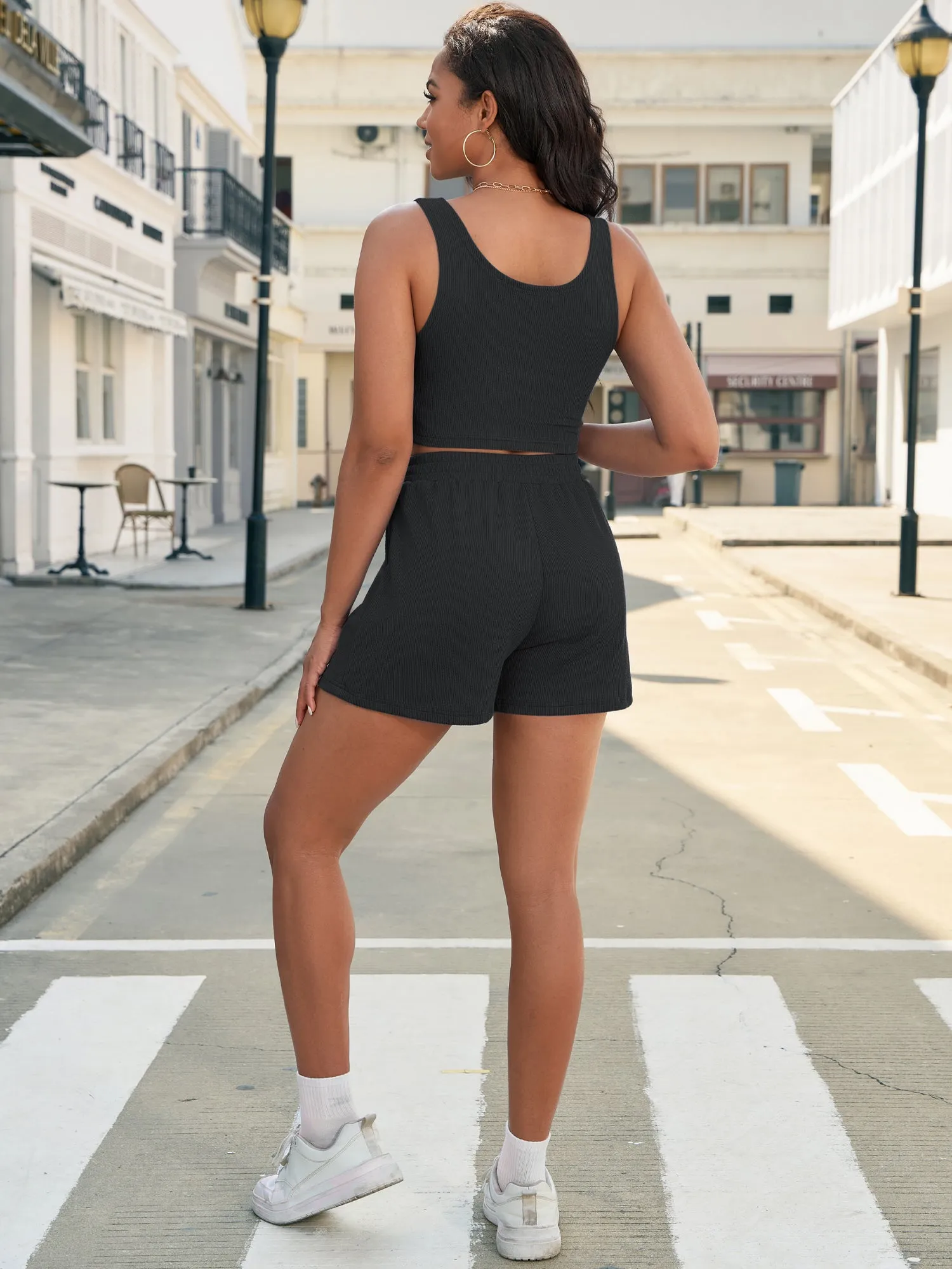 Onfers 2 Piece Women Summer Lounge Set Ribbed Knit Crop Tank Tops Short Sets with Pocket Travel Outfits