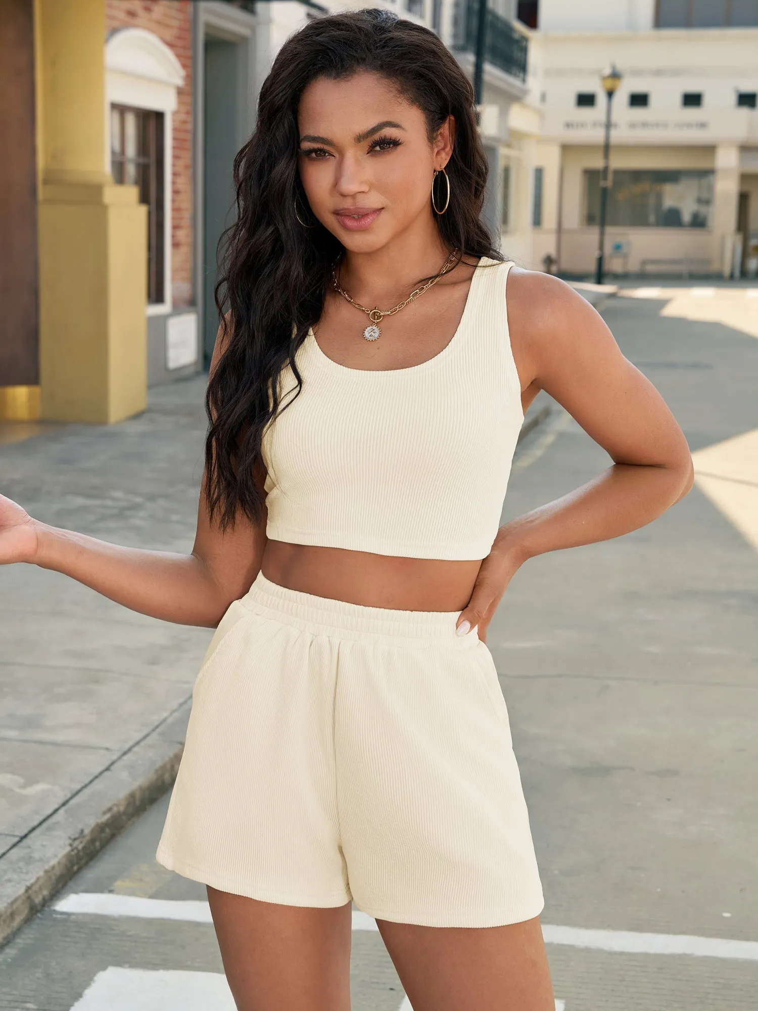 Onfers 2 Piece Women Summer Lounge Set Ribbed Knit Crop Tank Tops Short Sets with Pocket Travel Outfits