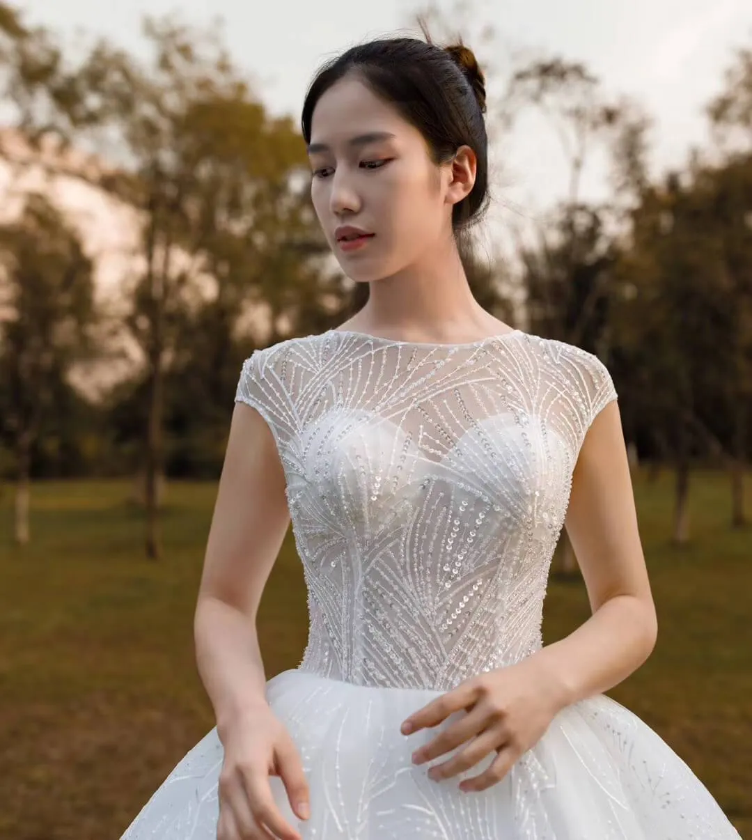Open Back Cap Sleeve Lace Wedding Dresses Ball Gowns VW1752