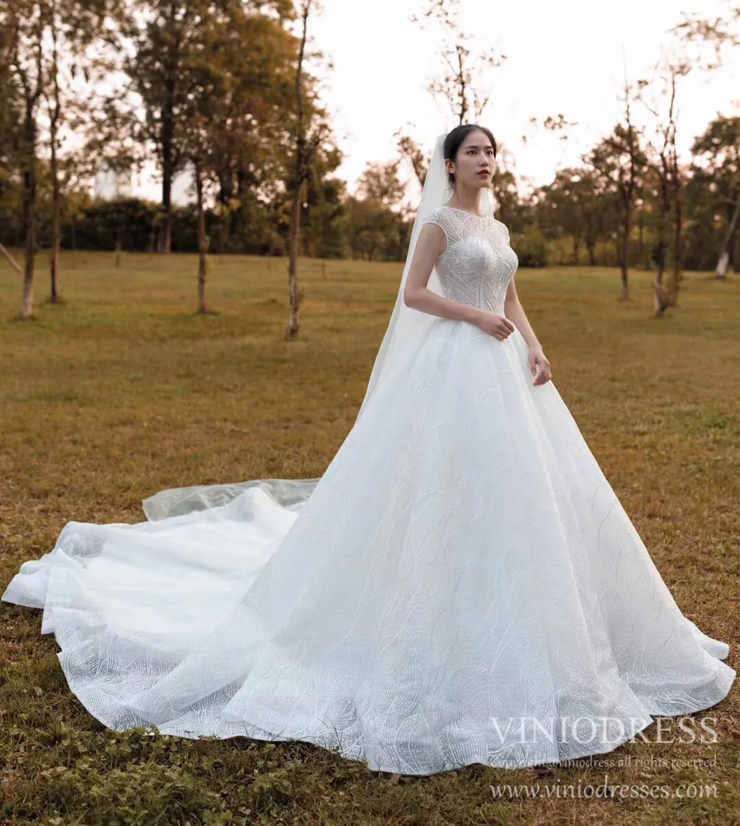 Open Back Cap Sleeve Lace Wedding Dresses Ball Gowns VW1752
