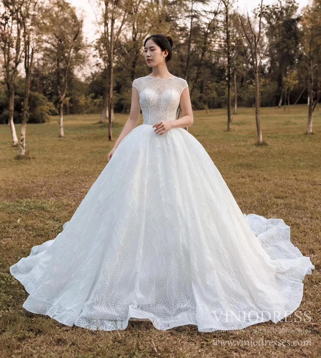Open Back Cap Sleeve Lace Wedding Dresses Ball Gowns VW1752