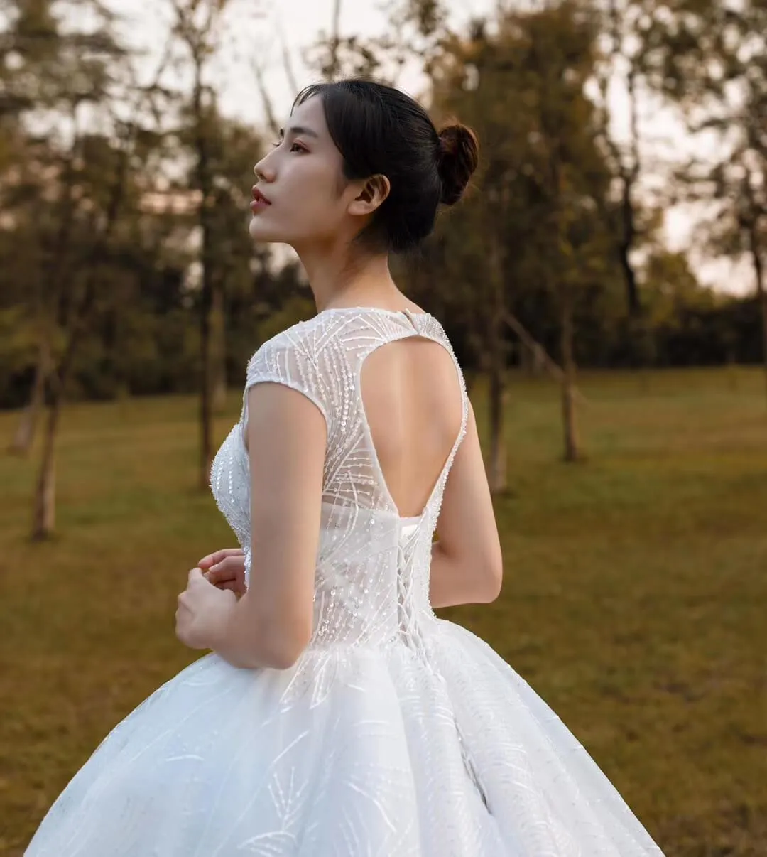 Open Back Cap Sleeve Lace Wedding Dresses Ball Gowns VW1752