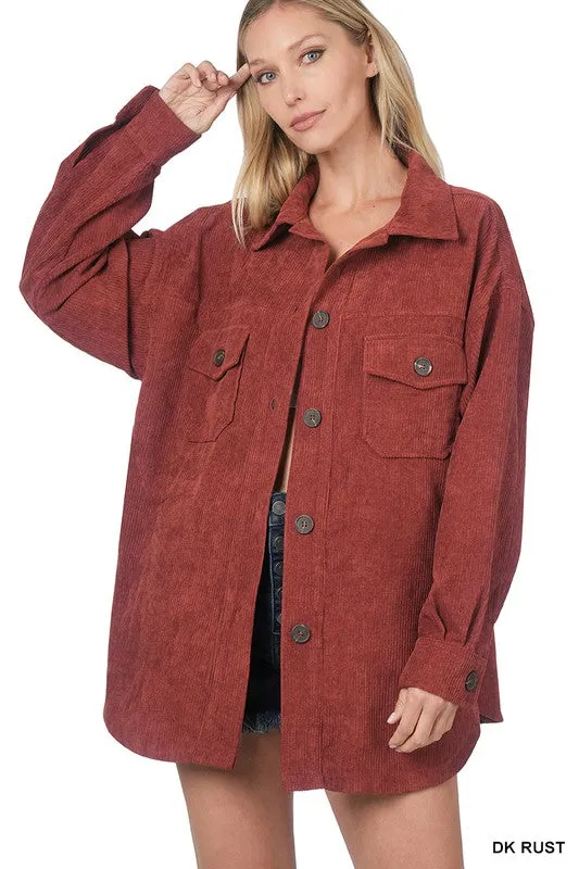 Oversized Corduroy Button Front Shacket - Zenana