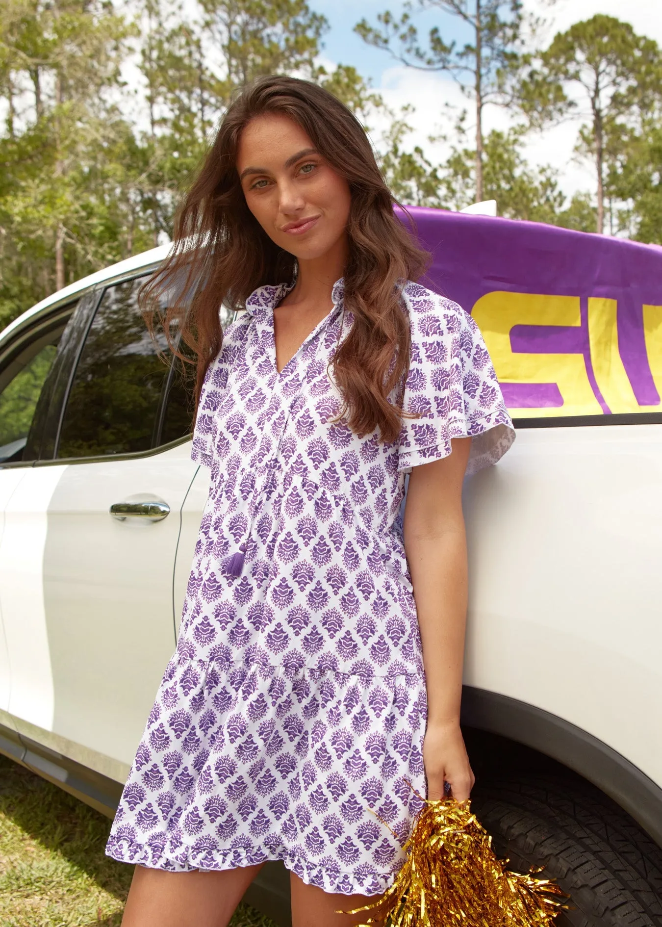 Purple Game Day Short Sleeve Tiered Dress
