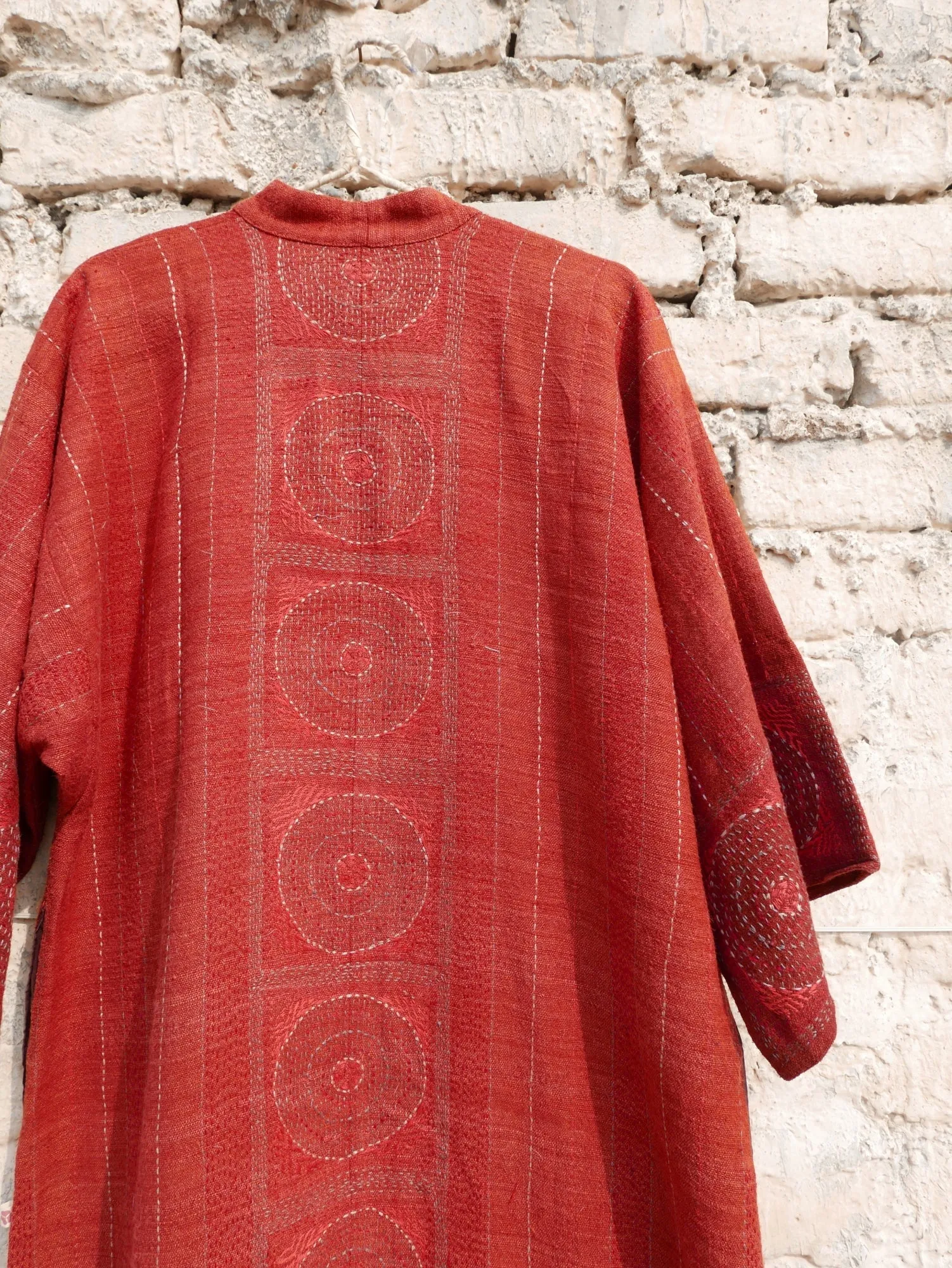 Red Eri Silk Embroidered Kimono Overlay