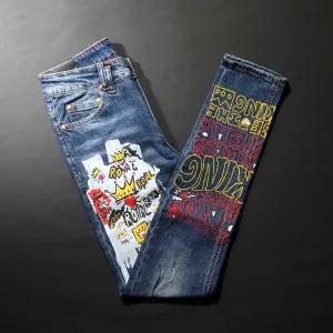 Retro Punk Embroidery Decorated Ripped Jeans