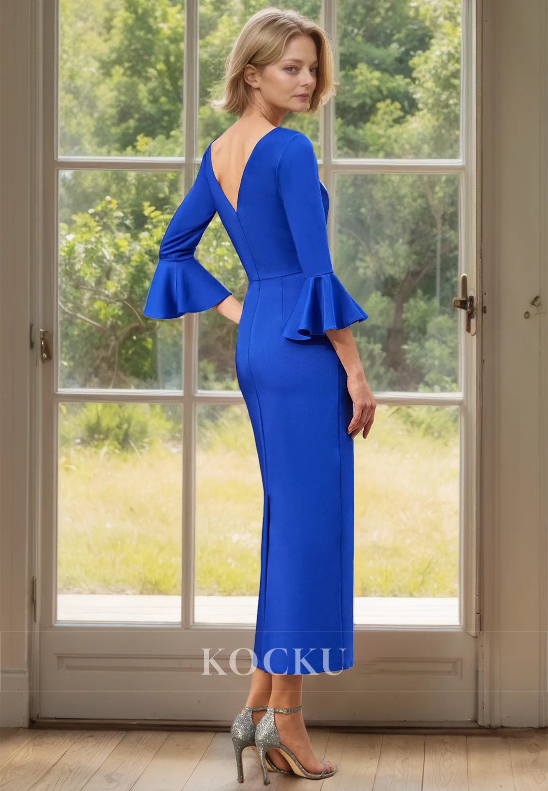 Scoop Neck Long Sleeves Sheath Satin Mother of the Bride Dress with Bow Cocktail Gowns